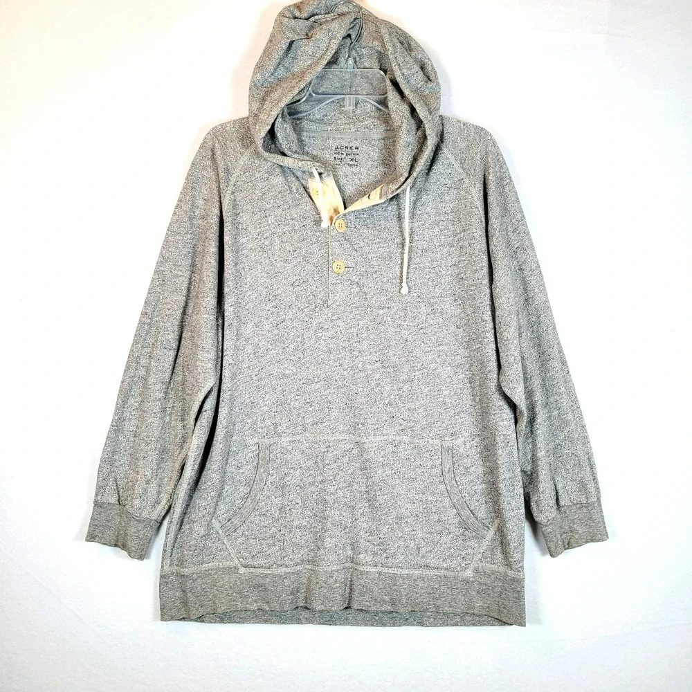 J. Crew Mens Cotton Pullover Pocket Button Hoodie Sweater Size XL Gray Preppy